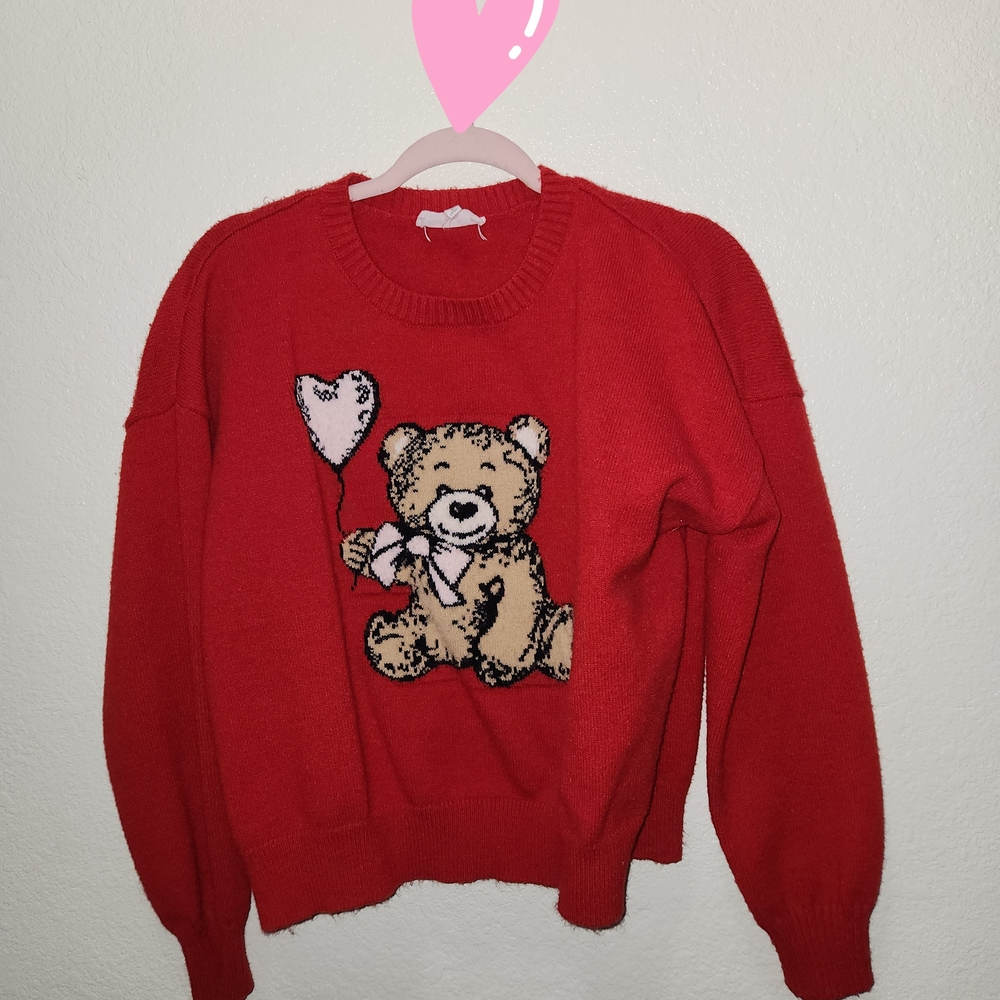 Red Teddy Bear Heart Balloon Knit Sweater
